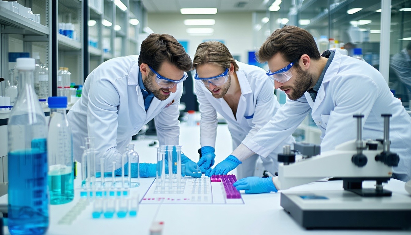 Researchers collaborating in a state-of-the-art laboratory